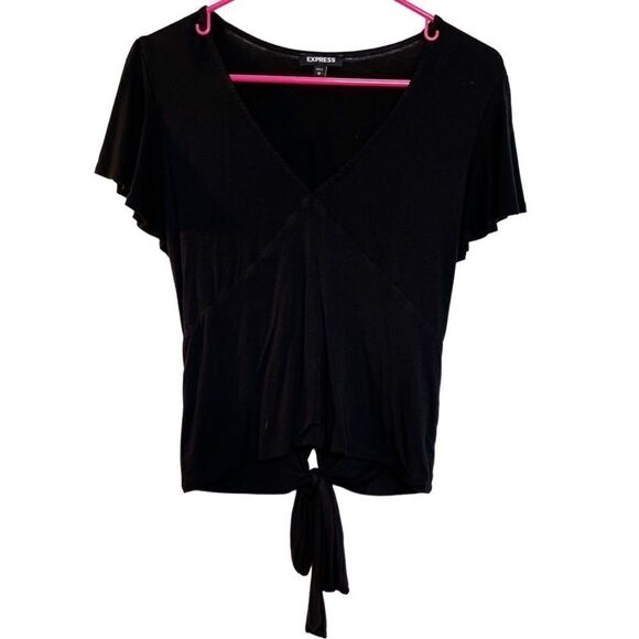 Express Tops - Express V Neck Ruffle Short Sleeve Shirt Black Size Medium